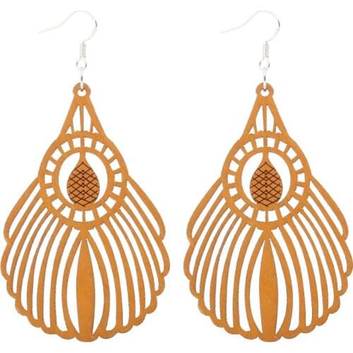 12 Pairs Good Quality Wood Earrings Organic brown Hollow African Woman Wooden Brincos Pendant 4.5x6.5cm