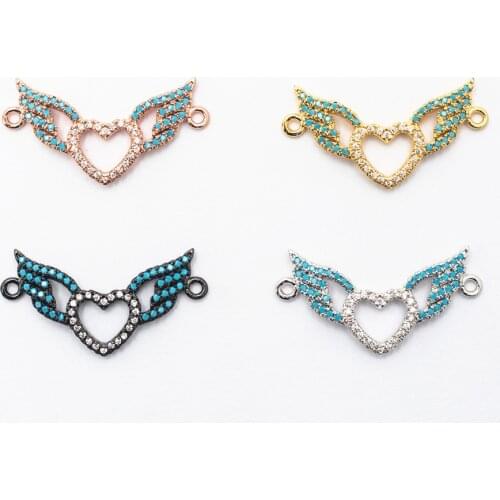 19.3×29.5mm Micro Pave Crystal Wings Love Heart Shape Men Women Connector DIY Fashion Bracelet Accessories Wholesale