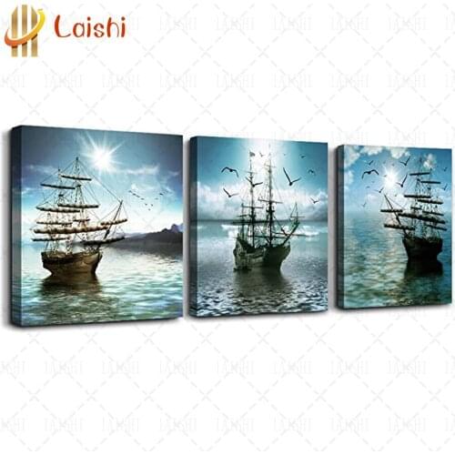 3pcs full round square diamond embroidery Sailing sailing pictures rhinestones icon diamond painting mosaic art home decoration