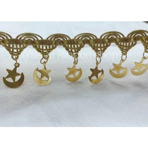 5yard Gold Lace Ribbon Fringe Star & Moon Sequins Tassel Ribbon DIY Handmade Lace Fabric Wedding Party Dance Dress Decoration