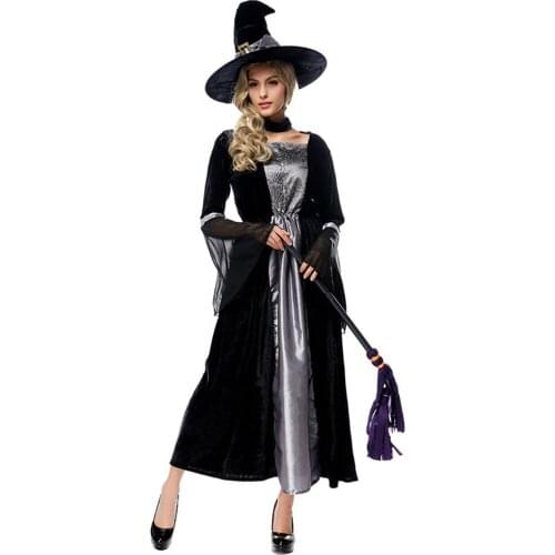 Black Lace Gothic Women Halloween Witch Costume Female Sorceress Cosplay Carnival Purim Parade Role Play Showing Bar Party Dress