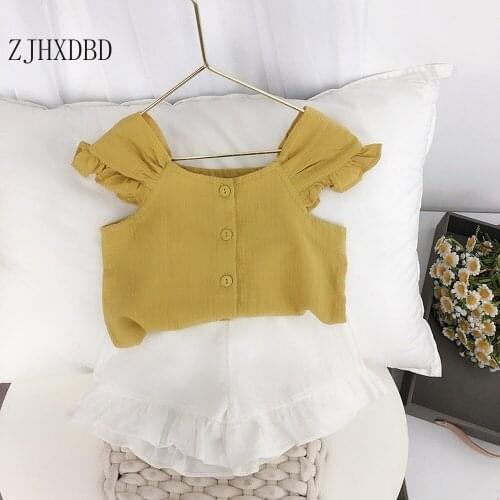Girls Childrens Clothing Sets 2020 Korean 2-year-old Girls Summer Baby Foreign Flying Petal Sleeve Shirts Top Shorts Pant Suit