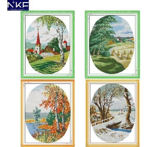 NKF Country Scenes Four Seasons Pattern Handmade Craft Cross Stitch Set Embroidery Kit Printed Stitching Cross Stitch Home Decor