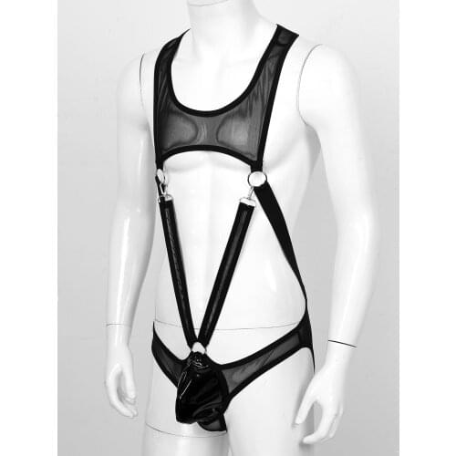 New Mens Male Exotic Clubwear See-through Mesh Singlet Bodysuit Leather Jockstraps Bulge Pouch Leotard O-ring Gay Babydolls