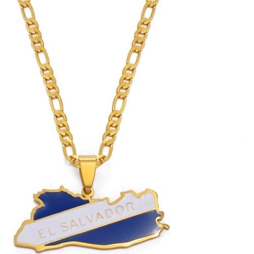 Anniyo 4cm Charm El Salvador Map Colored Flag Pendant Necklace for Men Women Jewelry Map of El Salvador #256721