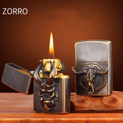 Original Zorro Handmade Pure Copper Gasoline Lighters Welding Stickers Retro Brass Windproof Mens Smoking Collection Gifts115g