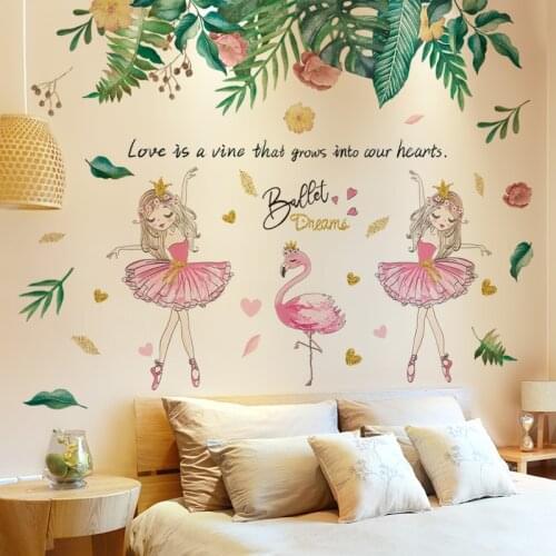 [shijuekongjian] Cartoon Girl Dancer Wall Stickers DIY Green Leaves Wall Decals for Kids Rooms Baby Bedroom House Decoration