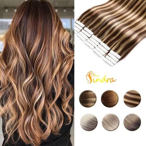 Sindra Tape In Human Hair Adhesive Extensions Remy Natural Hair 14" - 24" Piano Color 10b 613b Straight Skin Weft