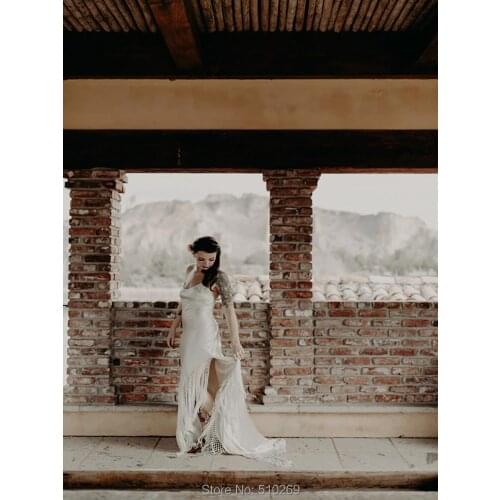 Cornaboutik Boho Bridal Gowns Fringe Cross Back Wedding Dress Tassels Vestido De Noiva Custom Made Robe De Mariee Casamento