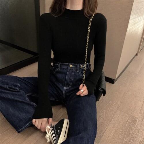 2021 Autumn Winter Sweater Women Knitted Ribbed Pullover Sweater Long Sleeve Half high collar Slim Jumper Soft Warm Pull Female