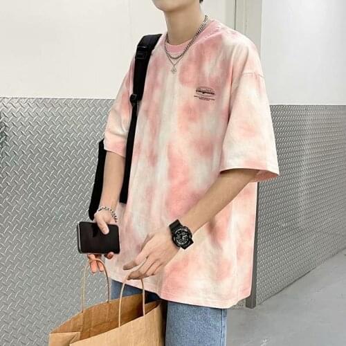 Tie-dye Tide Brand Ins Port Style Short Sleeve T-shirt Men Top Summer New Loose Plus Size Five-point Sleeve Shirt Round Neck Top