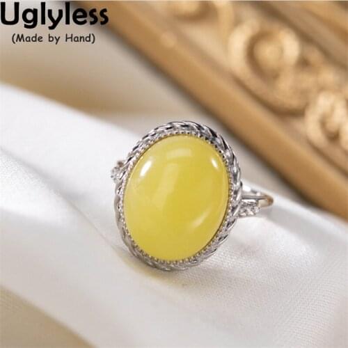Uglyless Luxury Natural Gemstones Jewelry for Women Chicken Oil Amber Beeswax Rings Elegant Lady Dress Rings 925 Silver Bijoux
