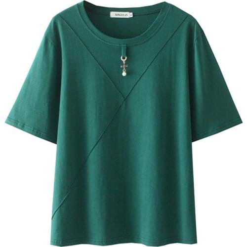Plus Size 2021 Summer Tees Women Loose Cotton Pendant Decoration Short Sleeve T-Shirt T74-815