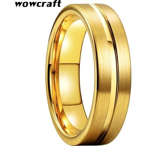 6mm Mes Womens Wedding Tungsten Band Gold Rings Brushed Finish Flat Shape With Center Groove Comfort Fit