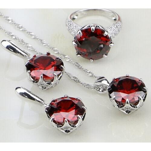 Dark Red Cubic Zirconia White Zircon Sterling Silver 925 Bridal Wedding Jewelry Sets Earrings/Pendant/Necklace/Ring For Women