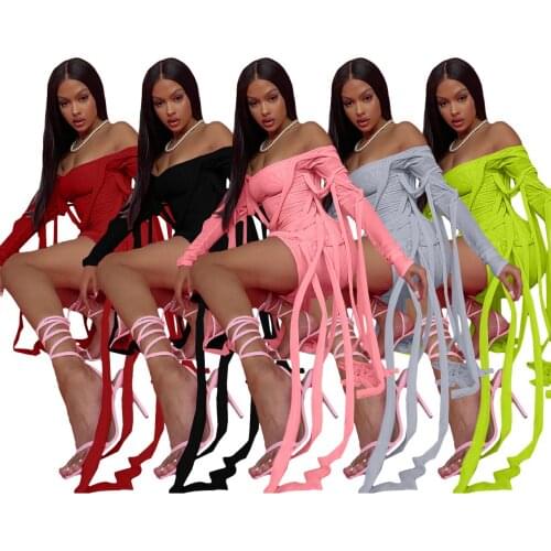 Sexy Women Slash Neck Tassel Mini Dress Drawstring Bandage Bodycon Short Vestidos Off Shoulder Streetwear Robes Outfits 2021