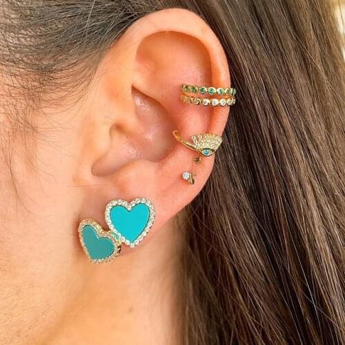 1 PIECE Gold plated micro pave turquoises stone with white white zirconia turkish evil eye hamsa hand ear cuff clip on earring