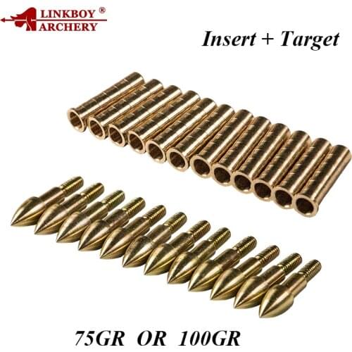 12Pcs ID6.2mm Linkboy Archery Accessories Copper Arrow Insert Shaft + Gold Archery Target Point 75/100gr Arrow Head hunting