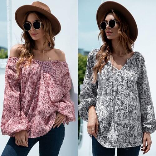 Womens Blouses Autumn Dot Print Shirt V-Neck Lantern Sleeve Blouse Womens Clothing 2021 Casual Spring Loose Blusas Femme Tops