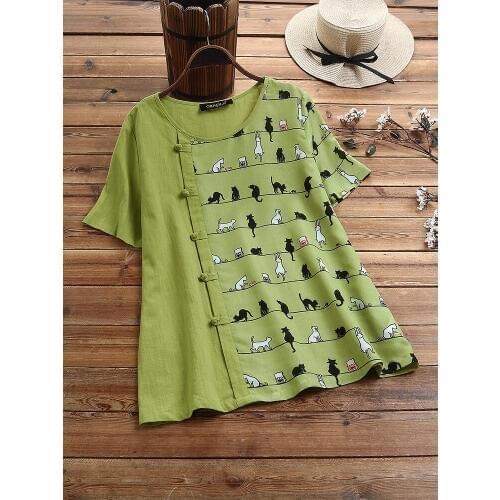 Women Printed Cute Cat Printed T Shirt Green Short Sleeve Vintage Button Casual Tees Tops Femme Loose Sweet Cartoon Tshirt Navy