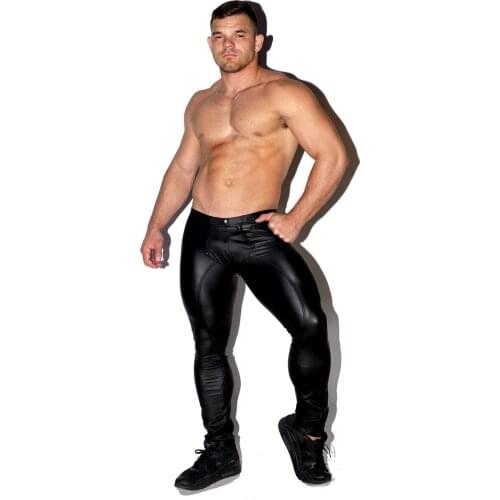 Mens Faux Leather Leggings Black Bondage Pants Zipper Pouch Slim Fetish Wear Full Length Trousers Sexy Night Club Wear Tights