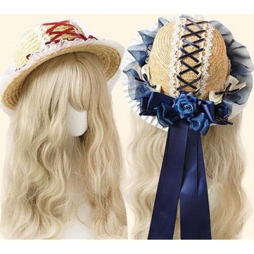 Summer Sweet Lolita Cute Lace Bowknot Ribbon Rose Straw Hat Retro Pastoral Style Mori Girl Flat Cap B1468