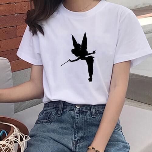 Fashion Disney Tinker Fairies Printed T Shirt Women Summer Short Sleeve T-shirt White Tees Shirt Harajuku Street Tops