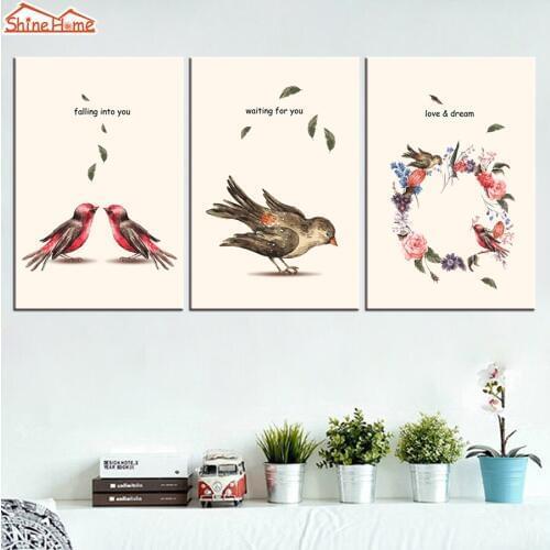 ShineHome-3pcs Wall Art Canvas Prints Nordic Style Paintings Triptych Birds Simple Pink Pictures Decortion for Kids Living Room