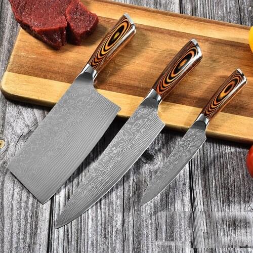 Damascus Pattern Forged Hammer Pattern Three-Piece Cleaver, Universal Knife, Fruit Knife, Kitchen Gift Set