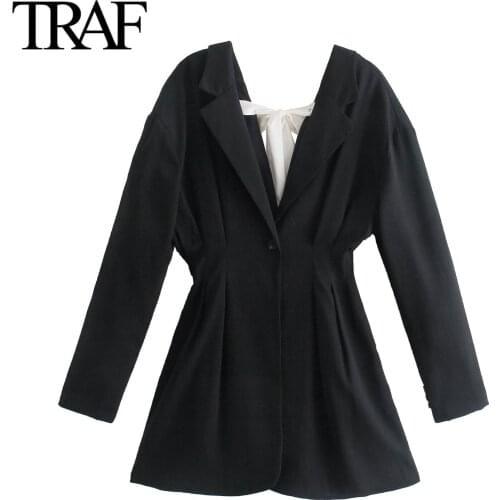 Traf Za Women Clothes Black Suit Dress Back Bow Dresses Autumn French Fashion Long Sleeve Button Waist Closing Dress Mujer