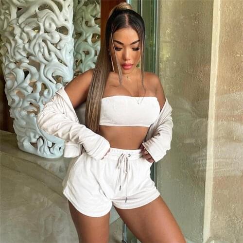 Casual Women Biker 3 Piece Set Coat And Strapless And Short Pants Sportsuit Matching Set Tracksuit Clothes For Women Outfit