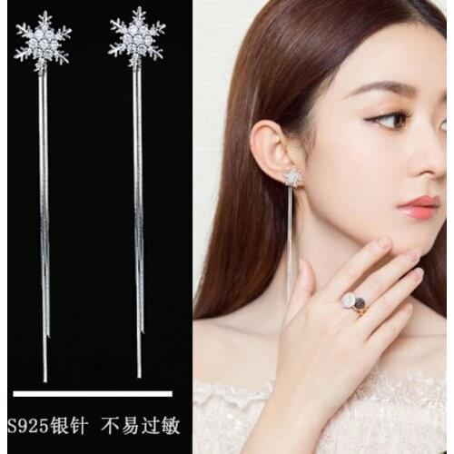 Silver Plated Snowflake Dangle Hanging Gem Stone Rhinestone Long Drop Earrings For Women Jewelry Snake Chain Tassel Earring Gift