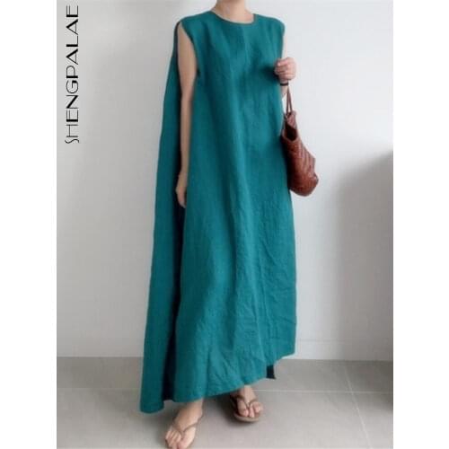SHENGPALAE Minimalist Emerald Green Dress Womens Summer 2021 New Round Neck Loose Sleeveless Mid-calf Split Dresses Female
