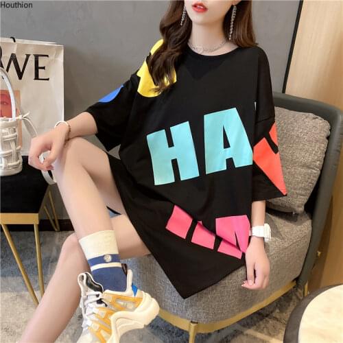 Houthion Womens T-shirt Short Sleeve O-neck Top Plus Size Mid-length T Shirt Letter Printing New Casual Fashion Loose