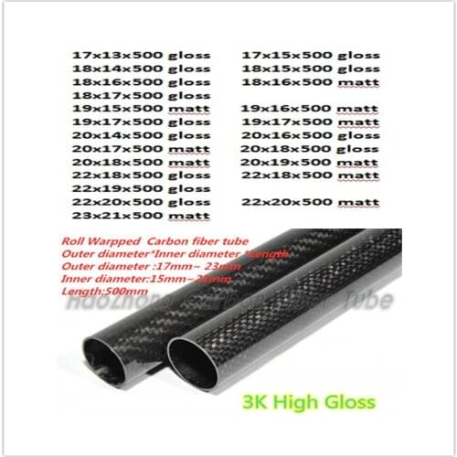 3k Carbon Fiber Tube 17mm 18mm 19mm 20mm 20mm 21mm 22mm 23mm 24mm (Roll Wrapped) with 500mm long,Light Weight, High Strength