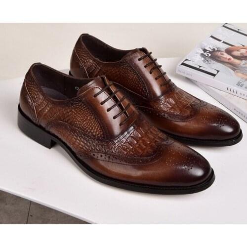 Mens Leather Dress Shoes Crocodile Skin Prints Lace Up Pointed Toe Office Wedding Shoes Formal Wedding Shoes Men Oxford Shoes