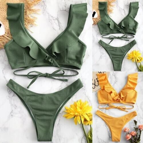 High waist lotus leaf lace split Bikini Swimsuit beach swimsuit Brazilian push up womens swimming suit купальник женский 2021