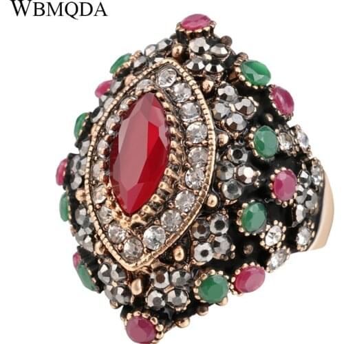 Wbmqda Ethnic Style Vintage Rings For Women Retro Crystal Flowers Red Resin Ancient Gold Color Finger Ring Turkey Jewelry