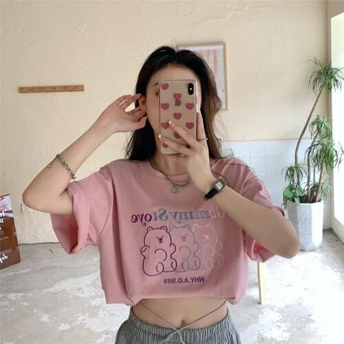 2021 summer new Korean version loose cute color bear embroidery round neck short-sleeved T-shirt female ins tide wild