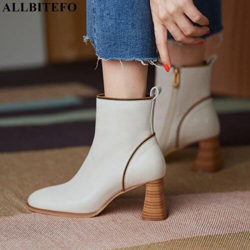 ALLBITEFO Size 33-40 Fashion Zipper Design Genuine Leather Winter Women Boots High Heel Shoes Female High Heel Ankle Boots