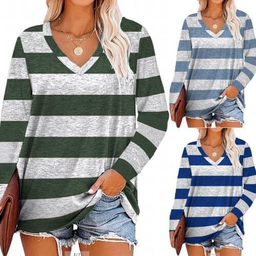WomenS Pullover Autumn Hot Style High Quality All-Match V-Neck Striped Loose Long-Sleeved T-Shirt New толстовка женска 50
