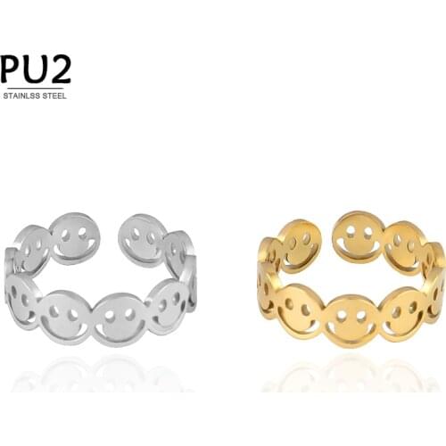 Punk Smiling Face Ring Stainless Steel Rings For Women Minimalist Statement Chain Ring Geometric Round Open Finger Ring Jewelry