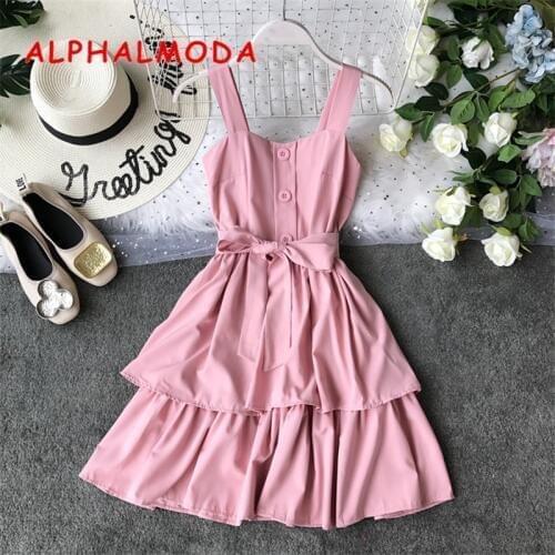 ALPHALMODA Single Breasted Ruffled Tank Dress High Waist Stretchy Bust Ladies Sweet Sashes Princess Vestidos