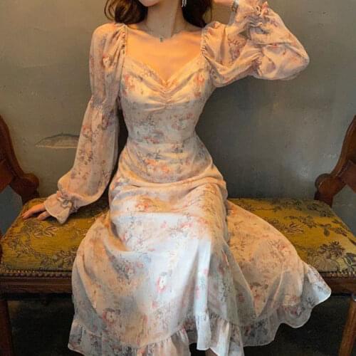 Summer French Renaissance Vintage Tender Girl Floral Chiffon Lace Dress Elegant Woman Slim Waist Pleated Mesh Ruffle Midi Dress