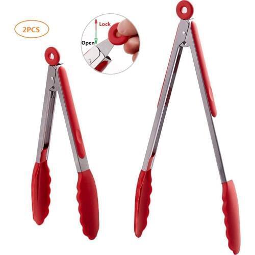 2pcs Non-Stick BBQ Tongs Silicone Kitchen Tongs Salad Bread Serving Tong Baking Barbecue Grilling Cooking Tong with Joint Lock