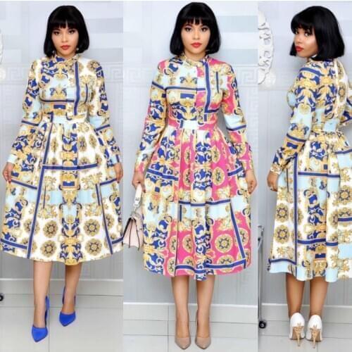 3XL Plus Size Africa Clothing Trendy Flower Printed Long Sleeve Midi Dress Women Autumn Robe Long Party African Office Dress