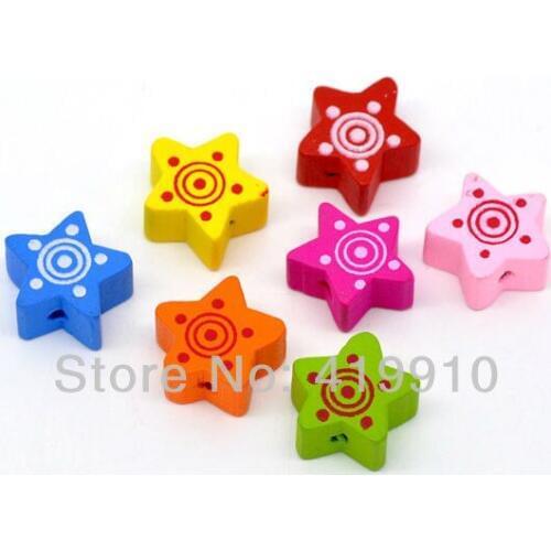 Free shipping-100pcs Mixed Multicolor Cute Star Wood Beads 15x15mm M00736