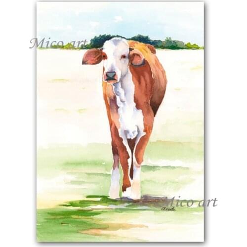 100% Hand-Drawn Lovely Cute Cow Picture Art Handmade Animal Oil Painting Unframed Canvas Wall Art For Children Room Decoration