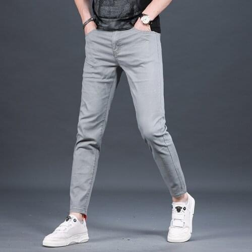 Men Jeans 2021 Summer Gray Slim Fit Ankle-Length Pants Korean Style Casual Denim Trousers