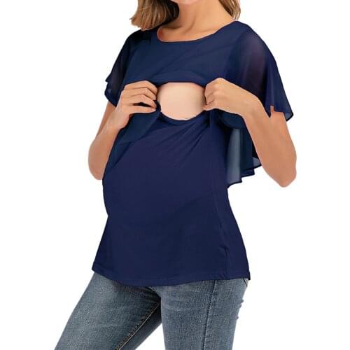 Summer Maternity Tee Plus Size Womens Clothing Round Neck Short Sleeve Ruffle Maternity Breastfeeding Clothe Nursing Tops